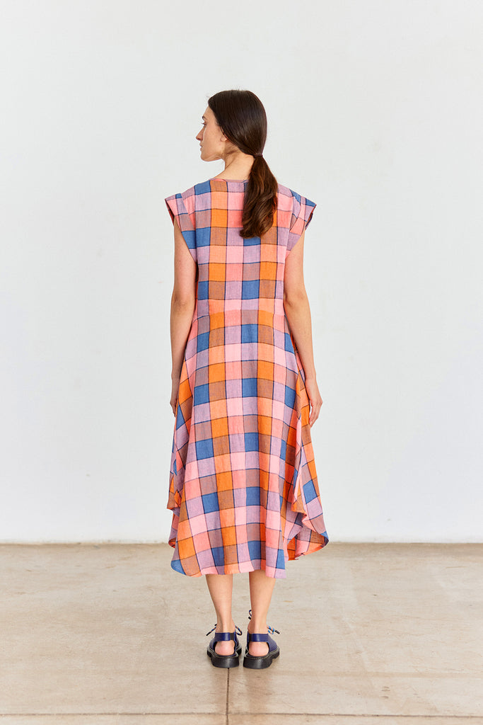 Checked V-Neck Relaxed Linen Dress