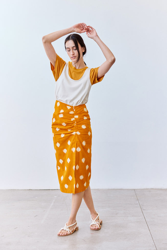 Gathered Pencil Skirt Ikat Cotton - Cúrcuma