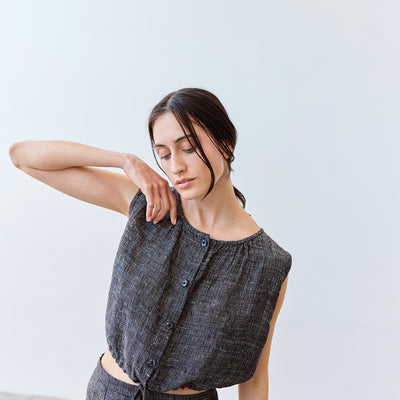 Adjustable Waist Buttoned Linen Top - Ónix Jaspeado