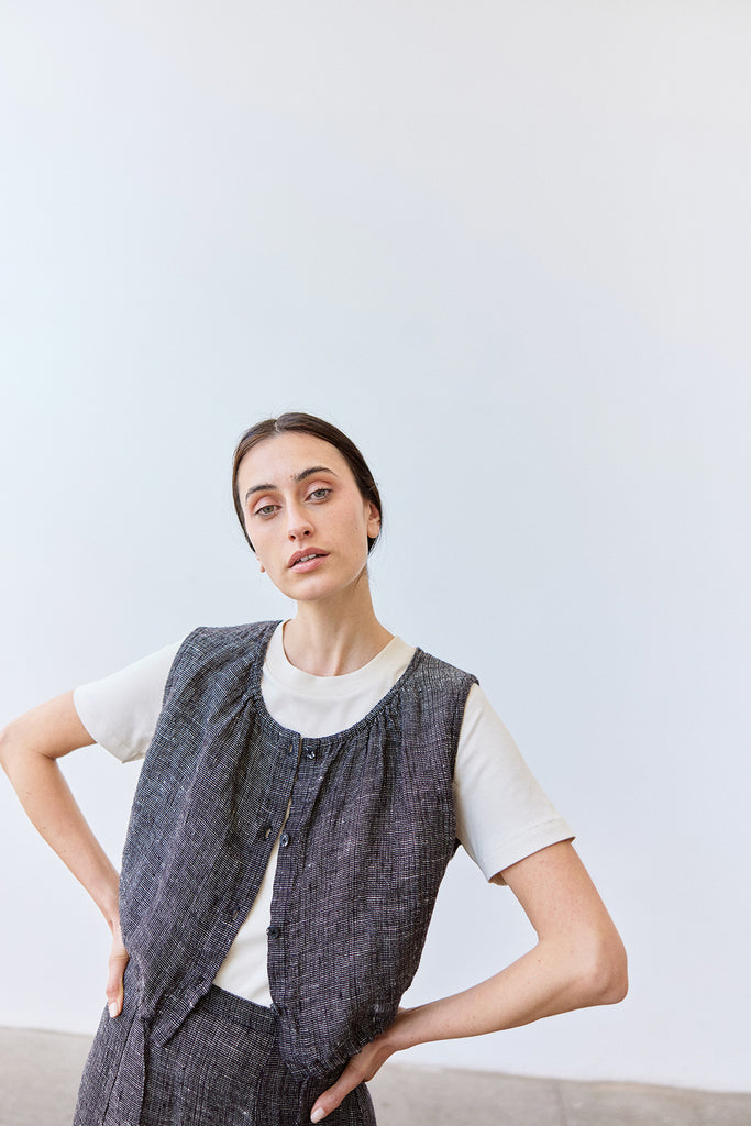 Adjustable Waist Buttoned Linen Top - Ónix Jaspeado