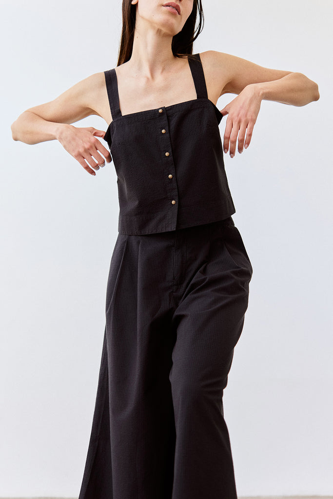 Cropped Buttoned Seersucker Cotton Top - Ónix