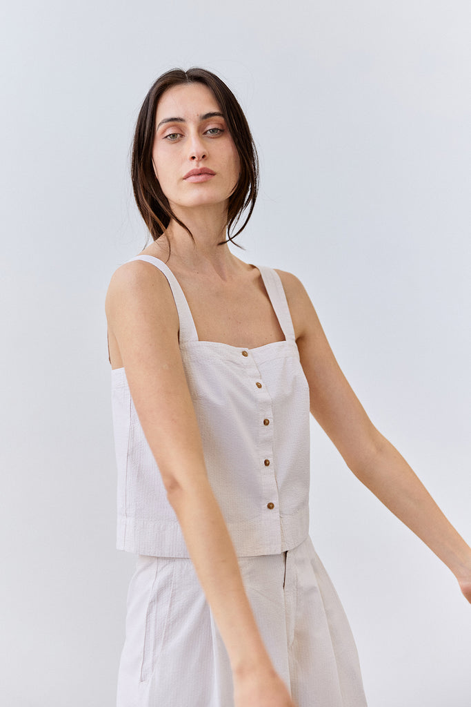 Cropped Buttoned Seersucker Cotton Top - Crudo