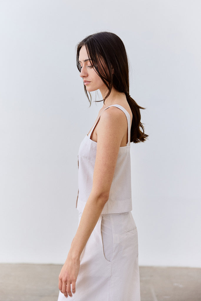 Cropped Buttoned Seersucker Cotton Top - Crudo