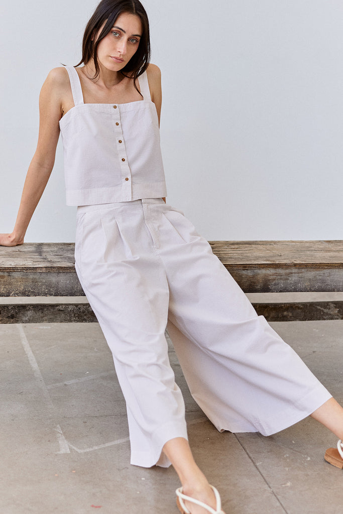 Cropped Buttoned Seersucker Cotton Top - Crudo