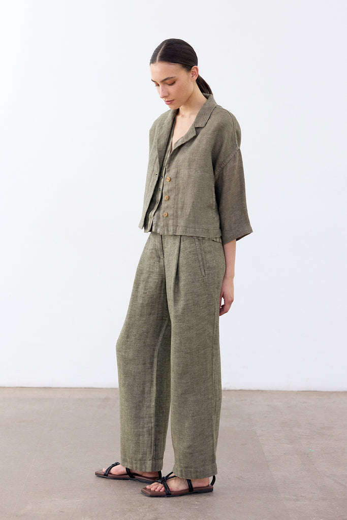 Cropped Linen Jacket - Musgo