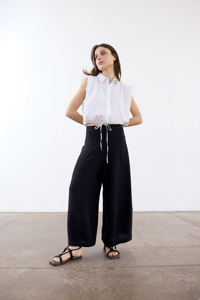 Wide-Leg Streaked Silk-Linen Pant - Ónix