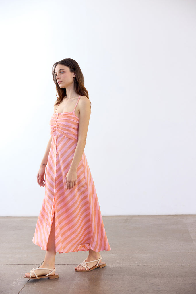 Striped Bias Cut Linen Dress