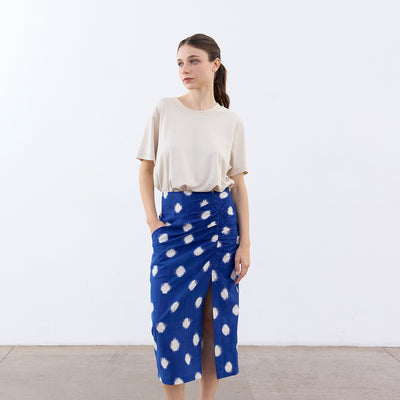 Gathered Pencil Skirt Ikat Cotton - Cobalto