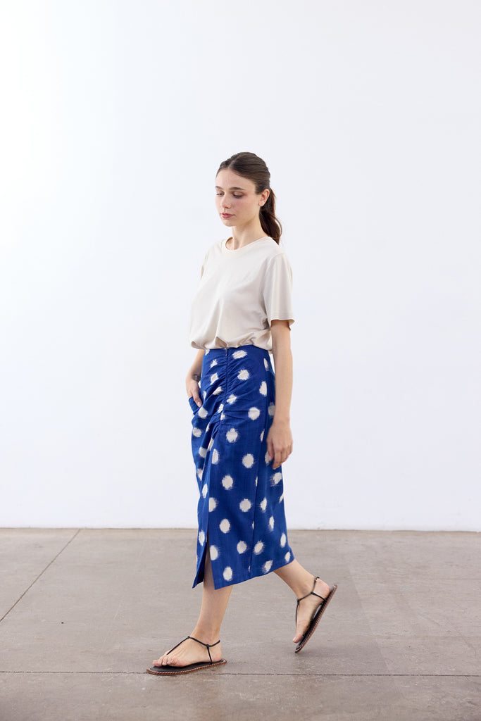 Gathered Pencil Skirt Ikat Cotton - Cobalto