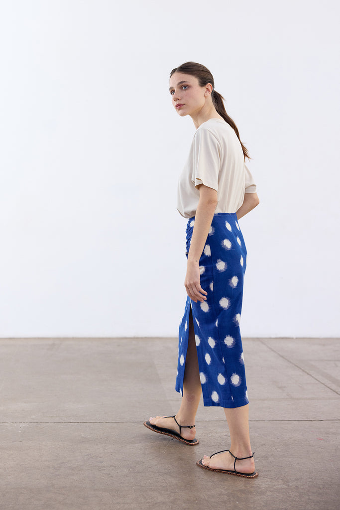 Gathered Pencil Skirt Ikat Cotton - Cobalto