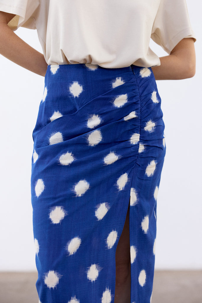 Gathered Pencil Skirt Ikat Cotton - Cobalto