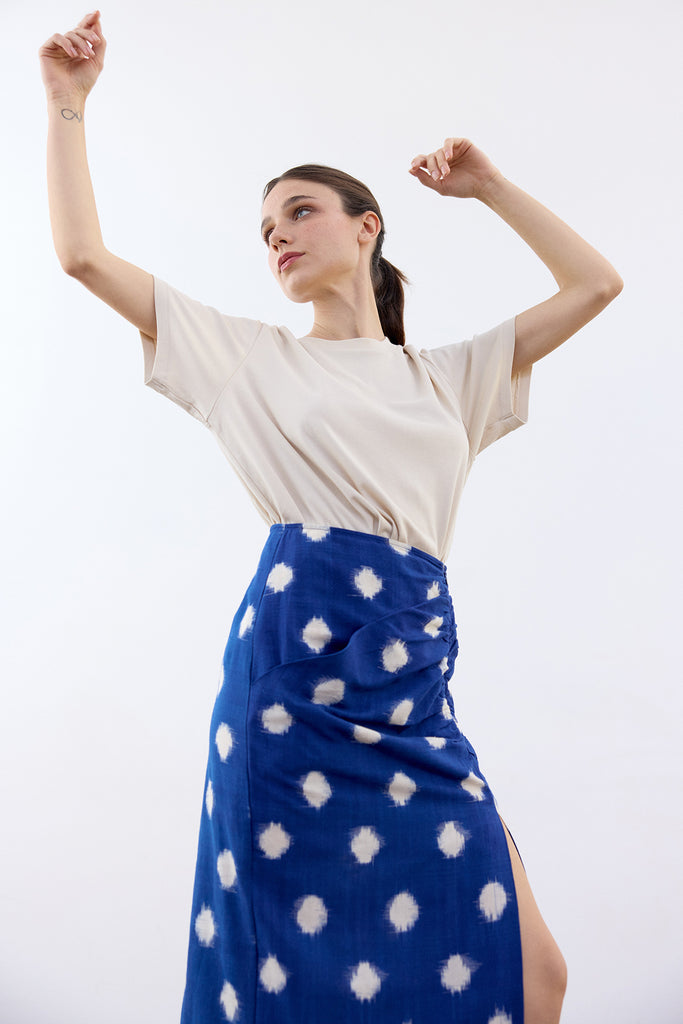 Gathered Pencil Skirt Ikat Cotton - Cobalto