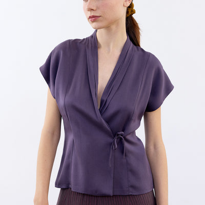 Draped Cross-Over Silk Top - Berenjena