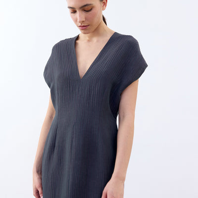 V-Neck Streaked Silk-Linen Long Dress - Lago