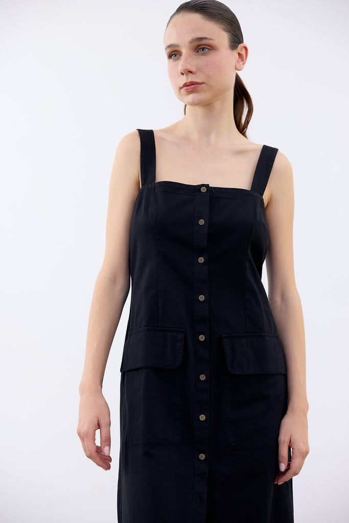 Buttoned Sleeveless Cotton Dress - Ónix