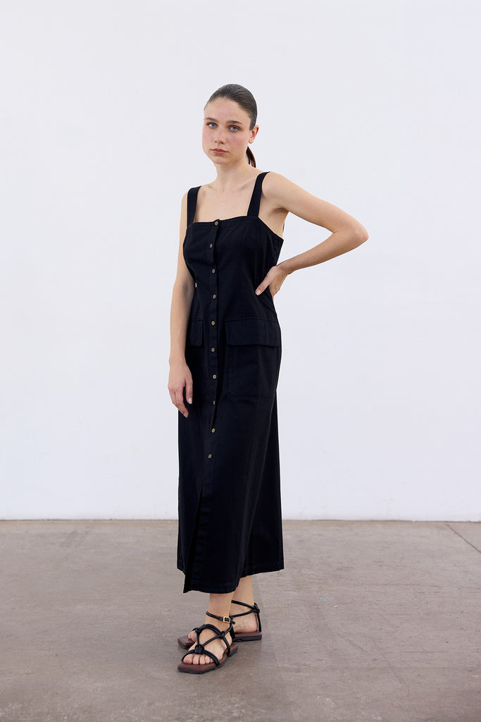 Buttoned Sleeveless Cotton Dress - Ónix