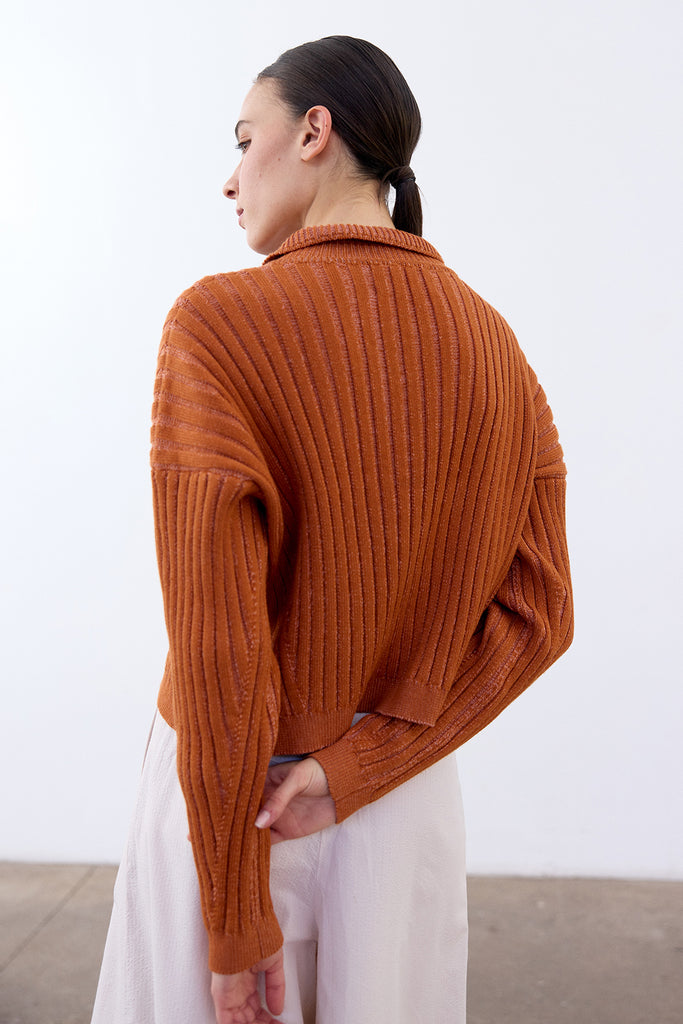 Collared Ribbed Cotton Cardigan - Zapallo