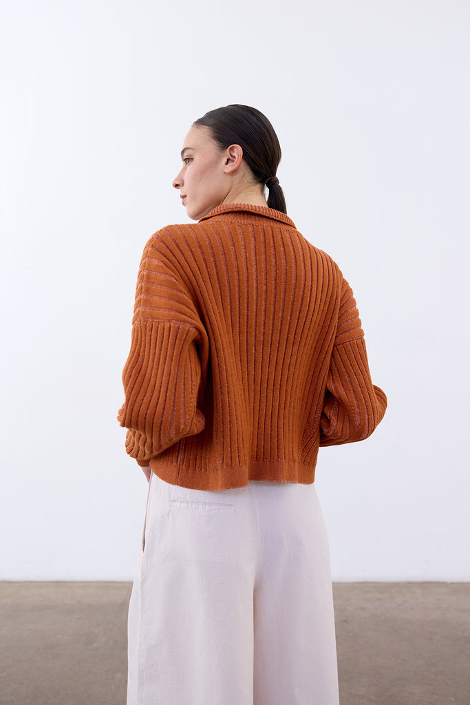 Collared Ribbed Cotton Cardigan - Zapallo