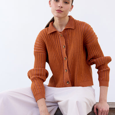 Collared Ribbed Cotton Cardigan - Zapallo