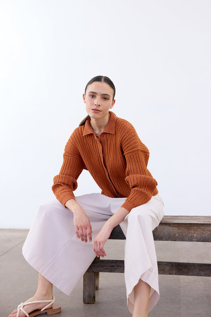 Collared Ribbed Cotton Cardigan - Zapallo