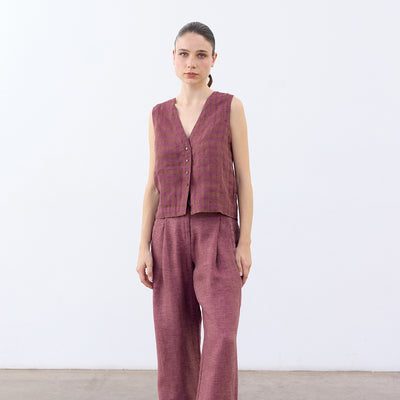 Pleated High-Waist Linen Trousers - Ciruela