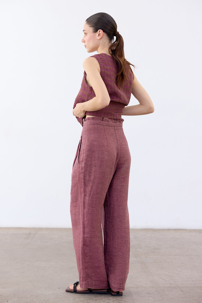 Pleated High-Waist Linen Trousers - Ciruela