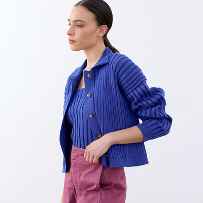 Collared Ribbed Cotton Cardigan - Cobalto