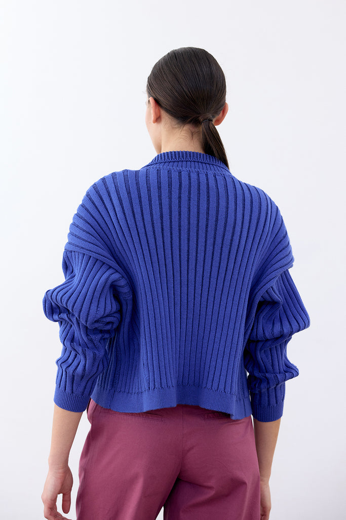 Collared Ribbed Cotton Cardigan - Cobalto