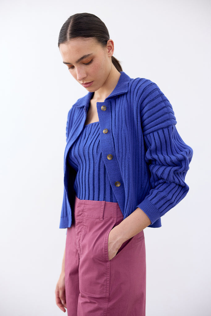 Collared Ribbed Cotton Cardigan - Cobalto