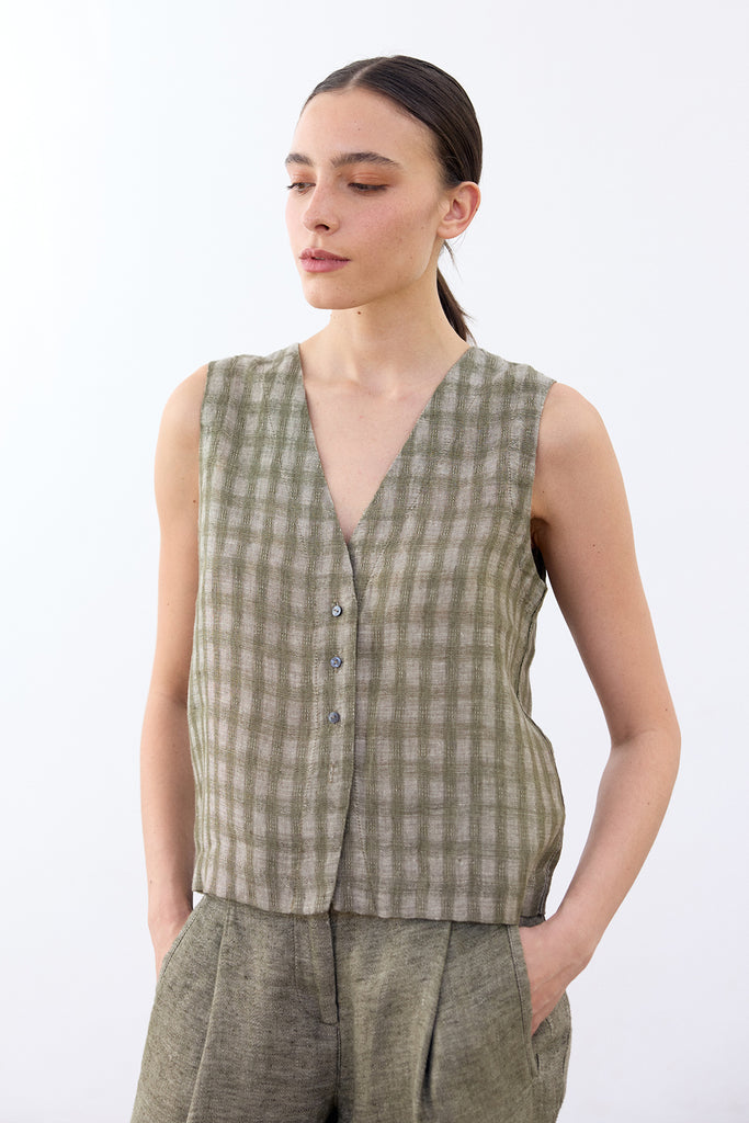 Buttoned Linen Vest Top - Musgo