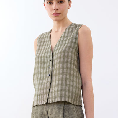 Buttoned Linen Vest Top - Musgo