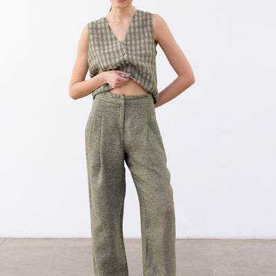 Pleated High-Waist Linen Trousers - Musgo